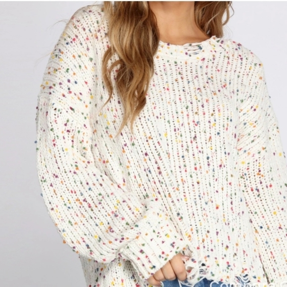 Peach Love California Sweaters - Peach Love California Confetti Pullover Oversize Distressed Hem Knit Sweater  L
